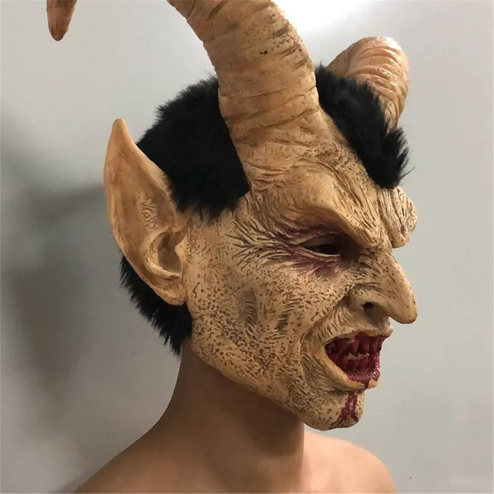 Takerlama Lucifer Cosplay Mask Demon Devil Horn Latex Masks With Bloody Mouth Halloween Carnival Horror Costume Props