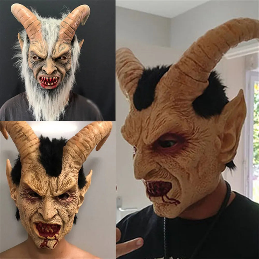 Takerlama Lucifer Cosplay Mask Demon Devil Horn Latex Masks With Bloody Mouth Halloween Carnival Horror Costume Props