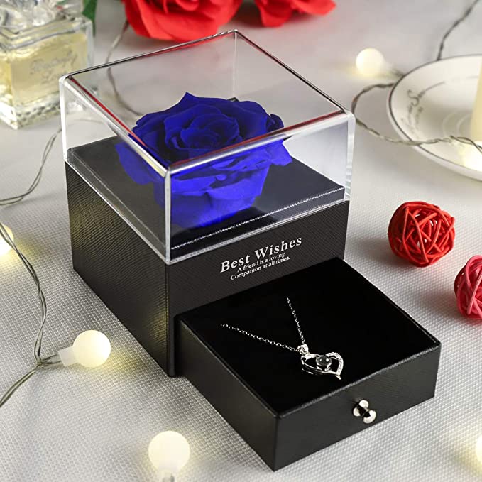 JEWELRY ROSE BOX WITH "I LOVE YOU IN 100 LANGUAGES" NECKLACE