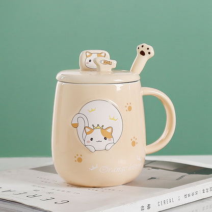 Large  Ceramic Cat Mug With Spoon & Wooden Lid