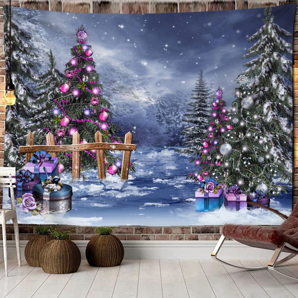 Christmas Woods Snow Scene Tapestry Wall Hanging New Year