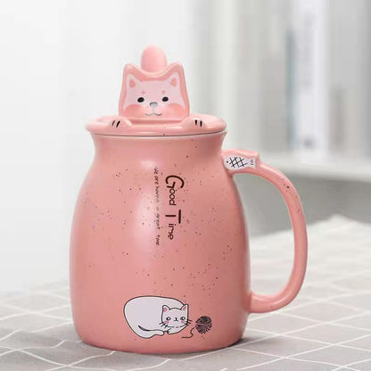 Large  Ceramic Cat Mug With Spoon & Wooden Lid