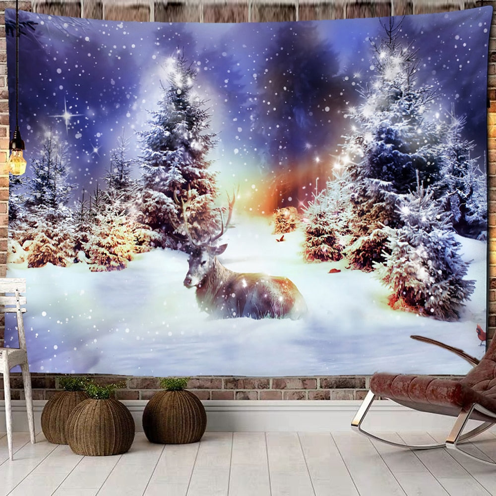 Christmas Woods Snow Scene Tapestry Wall Hanging New Year