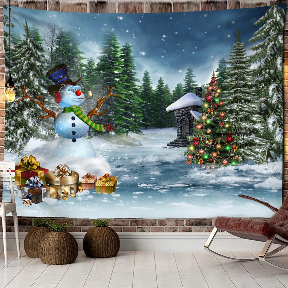 Christmas Woods Snow Scene Tapestry Wall Hanging New Year