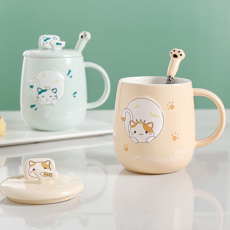 Large  Ceramic Cat Mug With Spoon & Wooden Lid