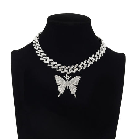 Big Butterfly Necklace Pendent Cuban Link Chain For Women rhinestone
