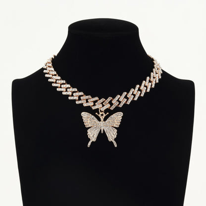 Big Butterfly Necklace Pendent Cuban Link Chain For Women rhinestone