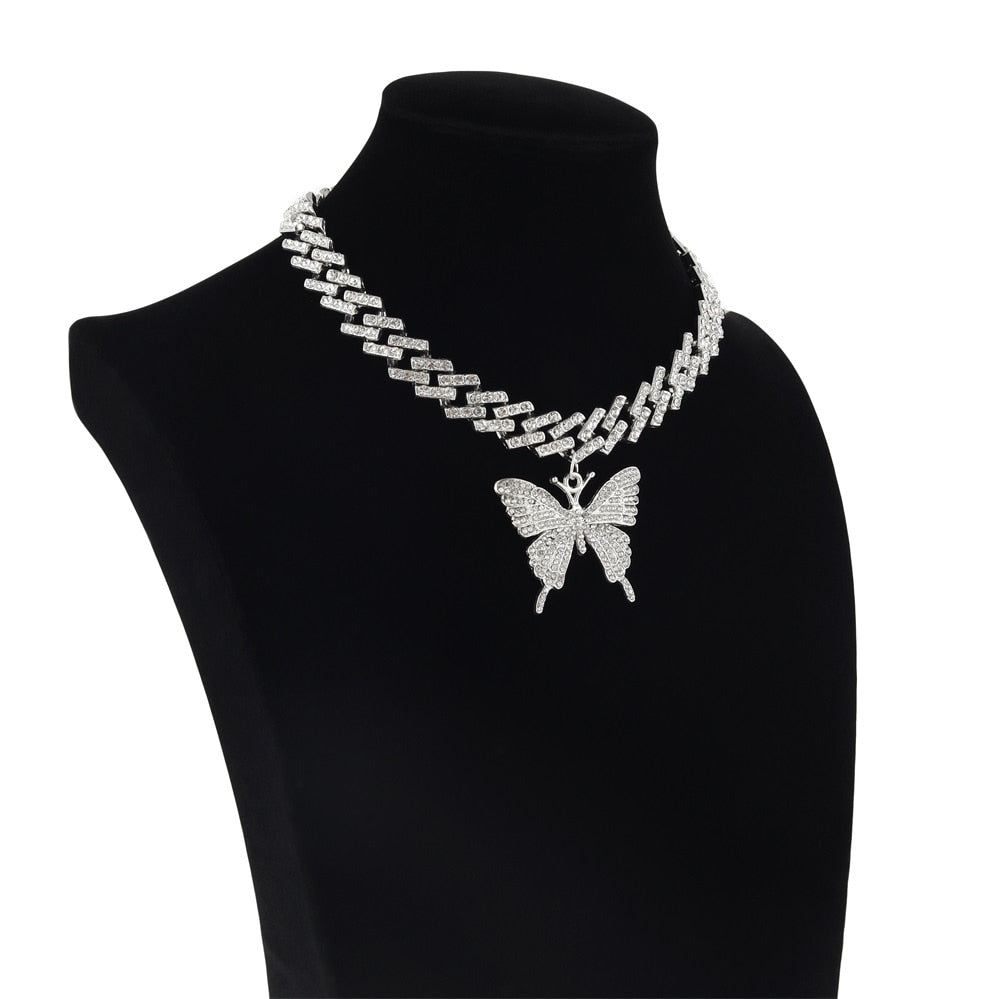 Big Butterfly Necklace Pendent Cuban Link Chain For Women rhinestone