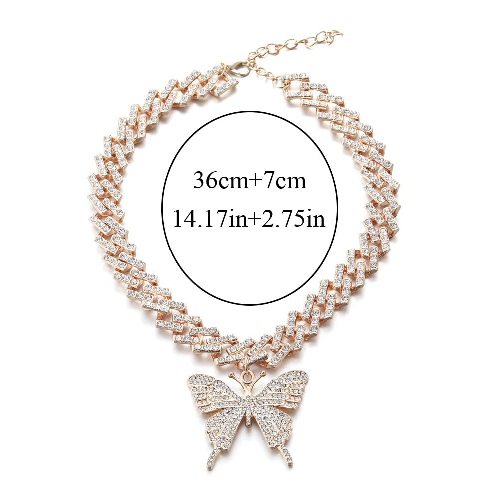 Big Butterfly Necklace Pendent Cuban Link Chain For Women rhinestone