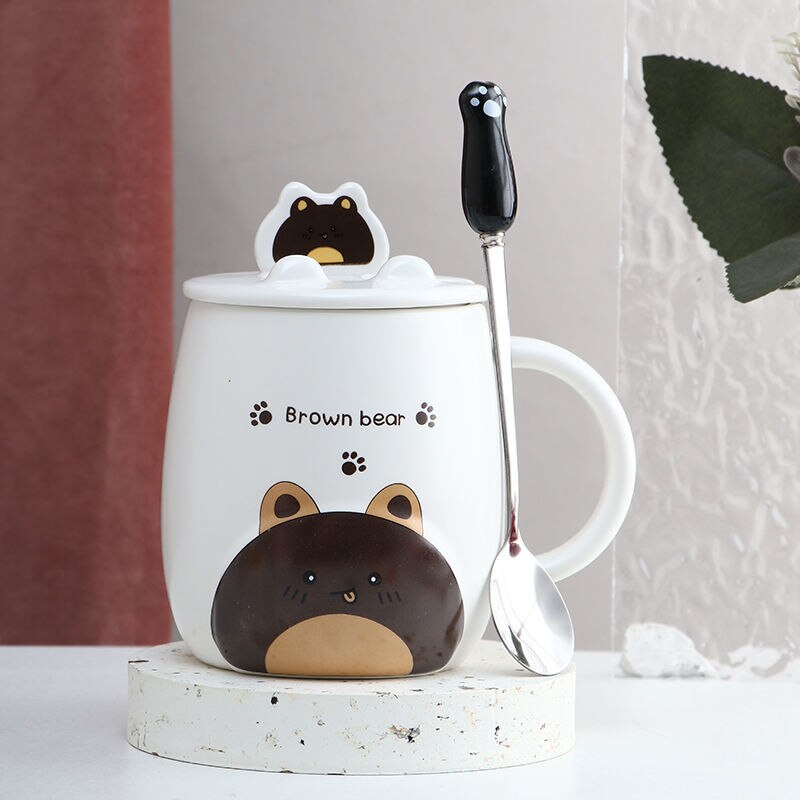 Large  Ceramic Cat Mug With Spoon & Wooden Lid