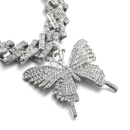 Big Butterfly Necklace Pendent Cuban Link Chain For Women rhinestone