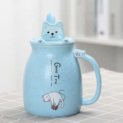 Large  Ceramic Cat Mug With Spoon & Wooden Lid