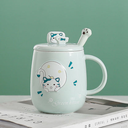 Large  Ceramic Cat Mug With Spoon & Wooden Lid