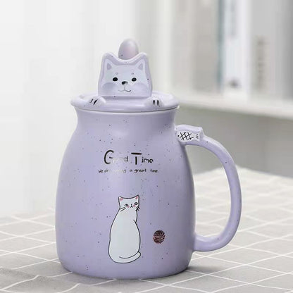 Large  Ceramic Cat Mug With Spoon & Wooden Lid