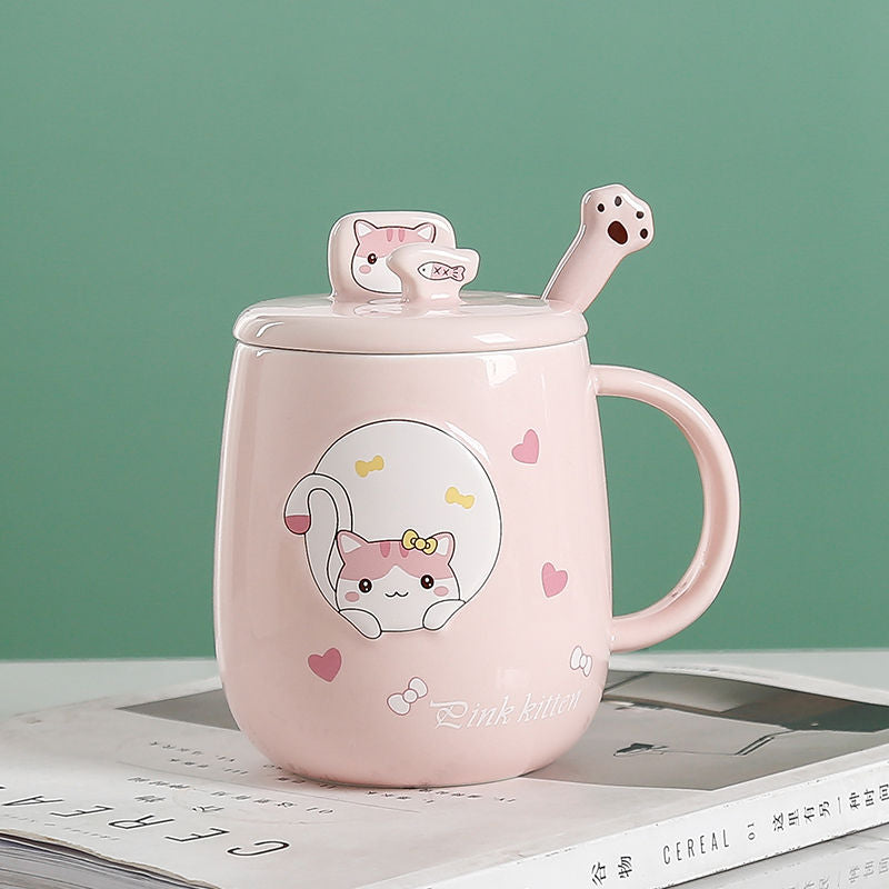 Large  Ceramic Cat Mug With Spoon & Wooden Lid