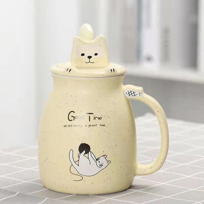 Large  Ceramic Cat Mug With Spoon & Wooden Lid