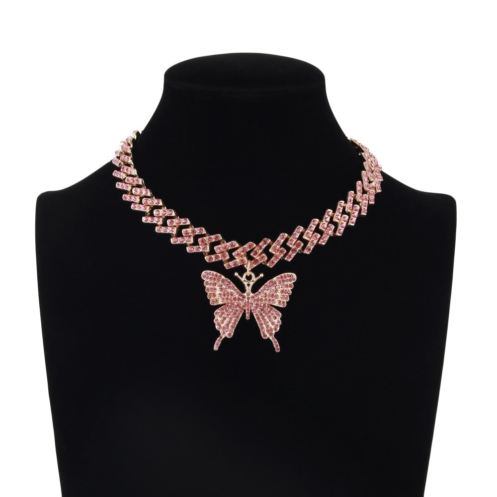 Big Butterfly Necklace Pendent Cuban Link Chain For Women rhinestone