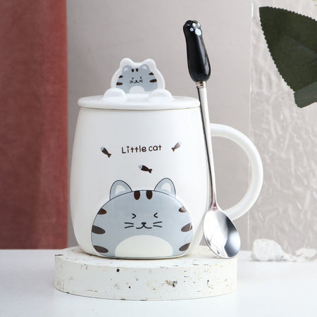 Large  Ceramic Cat Mug With Spoon & Wooden Lid
