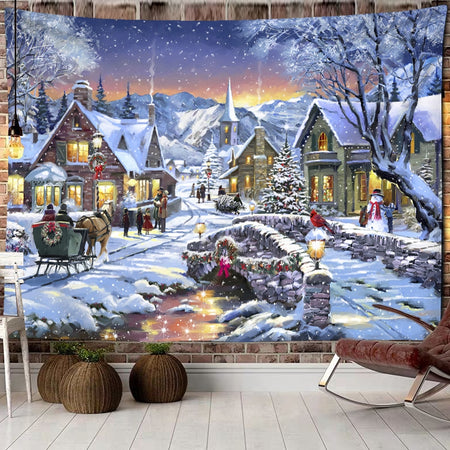 Christmas Woods Snow Scene Tapestry Wall Hanging New Year
