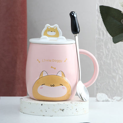 Large  Ceramic Cat Mug With Spoon & Wooden Lid