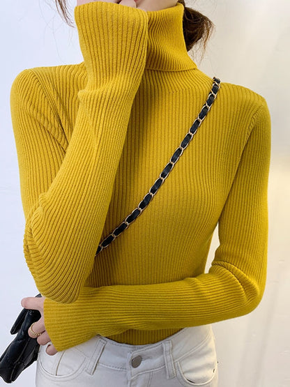 ZOKI New 2022 Women Pullover Turtleneck Sweater Autumn Long Sleeve Slim Elastic Korean Simple Basic Cheap Jumper Solid Color Top