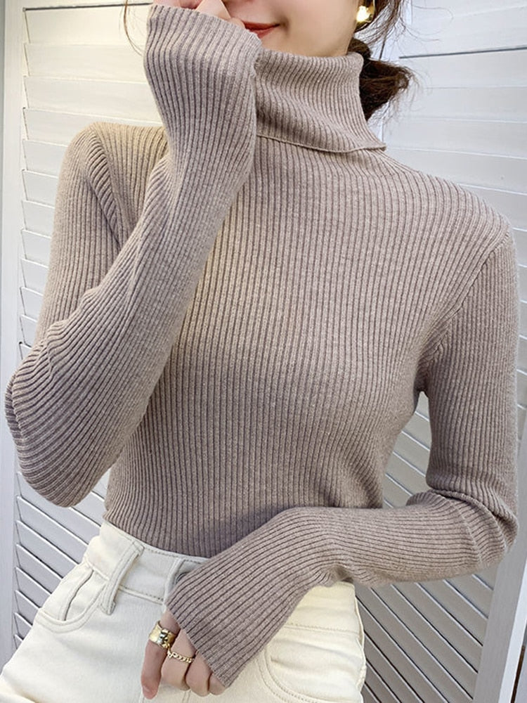 ZOKI New 2022 Women Pullover Turtleneck Sweater Autumn Long Sleeve Slim Elastic Korean Simple Basic Cheap Jumper Solid Color Top