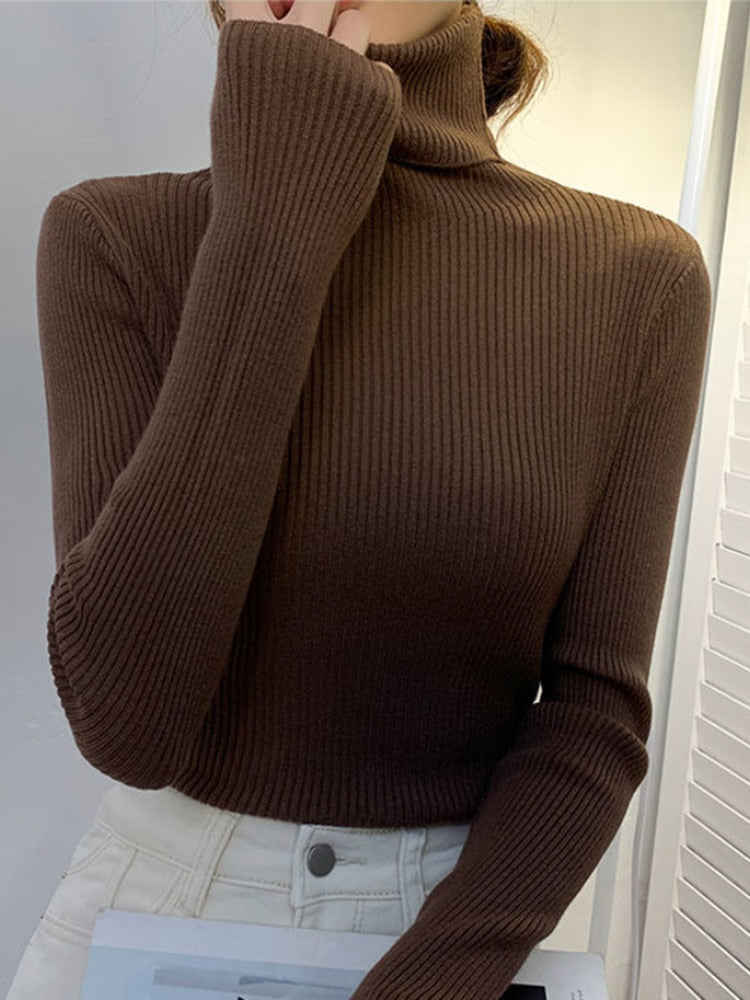 ZOKI New 2022 Women Pullover Turtleneck Sweater Autumn Long Sleeve Slim Elastic Korean Simple Basic Cheap Jumper Solid Color Top