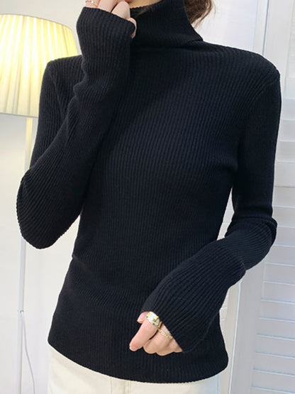 ZOKI New 2022 Women Pullover Turtleneck Sweater Autumn Long Sleeve Slim Elastic Korean Simple Basic Cheap Jumper Solid Color Top