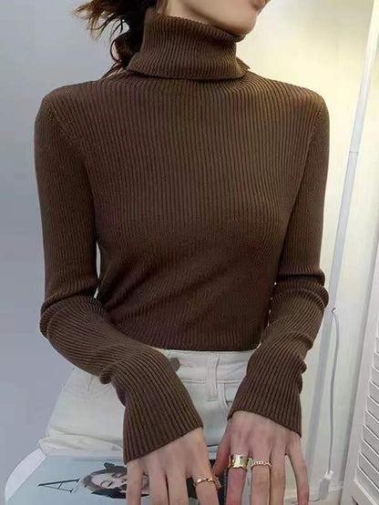 ZOKI New 2022 Women Pullover Turtleneck Sweater Autumn Long Sleeve Slim Elastic Korean Simple Basic Cheap Jumper Solid Color Top