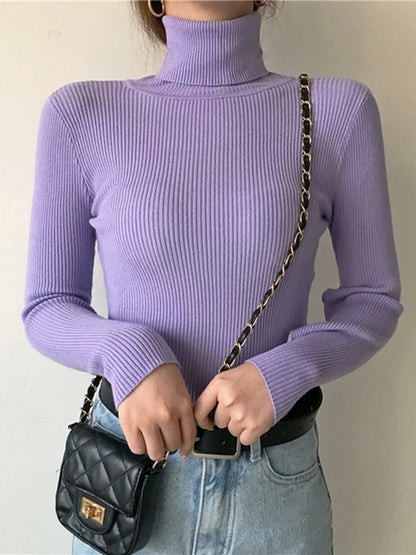 ZOKI New 2022 Women Pullover Turtleneck Sweater Autumn Long Sleeve Slim Elastic Korean Simple Basic Cheap Jumper Solid Color Top