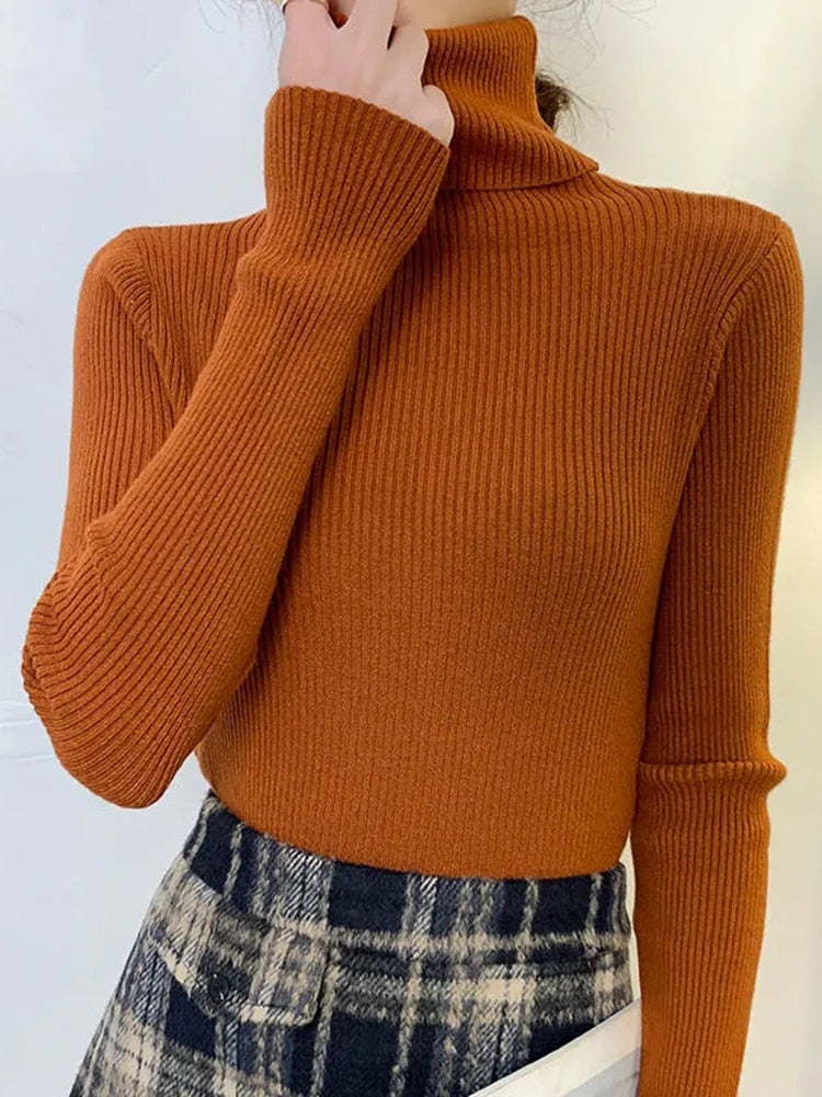 ZOKI New 2022 Women Pullover Turtleneck Sweater Autumn Long Sleeve Slim Elastic Korean Simple Basic Cheap Jumper Solid Color Top