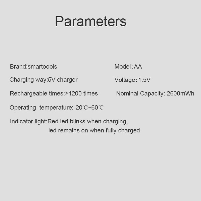 USB AA Rechargeable Battery 1.5V 2600mWh type-c 1.5 H Fast Charge eco-friendly