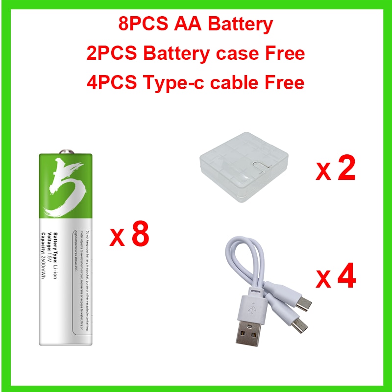 USB AA Rechargeable Battery 1.5V 2600mWh type-c 1.5 H Fast Charge eco-friendly