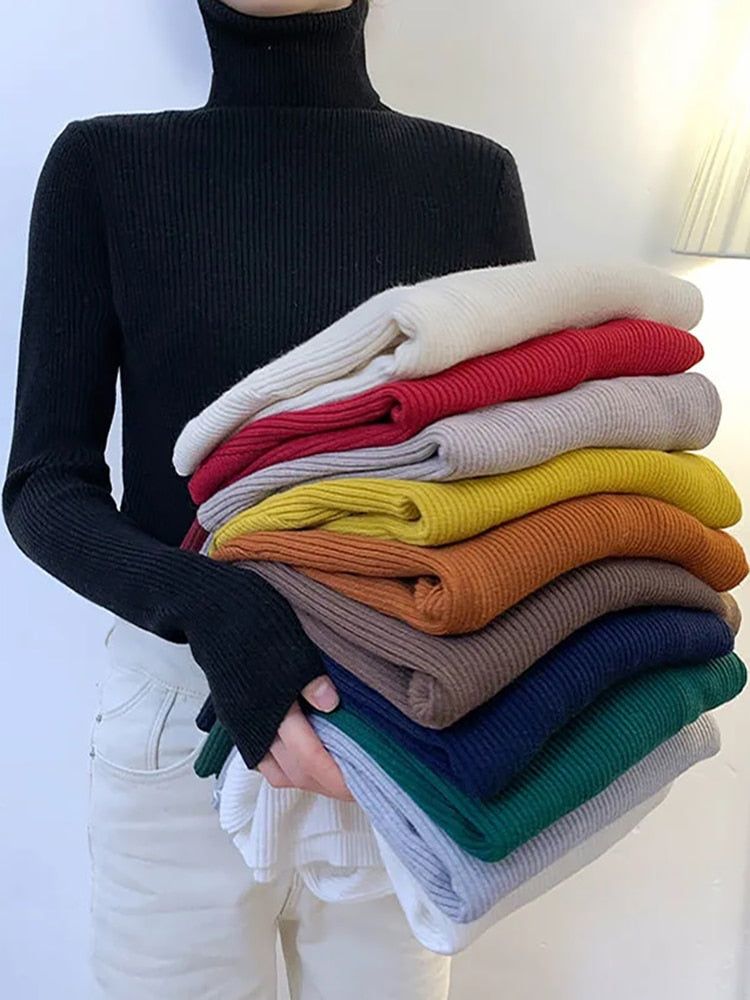 ZOKI New 2022 Women Pullover Turtleneck Sweater Autumn Long Sleeve Slim Elastic Korean Simple Basic Cheap Jumper Solid Color Top